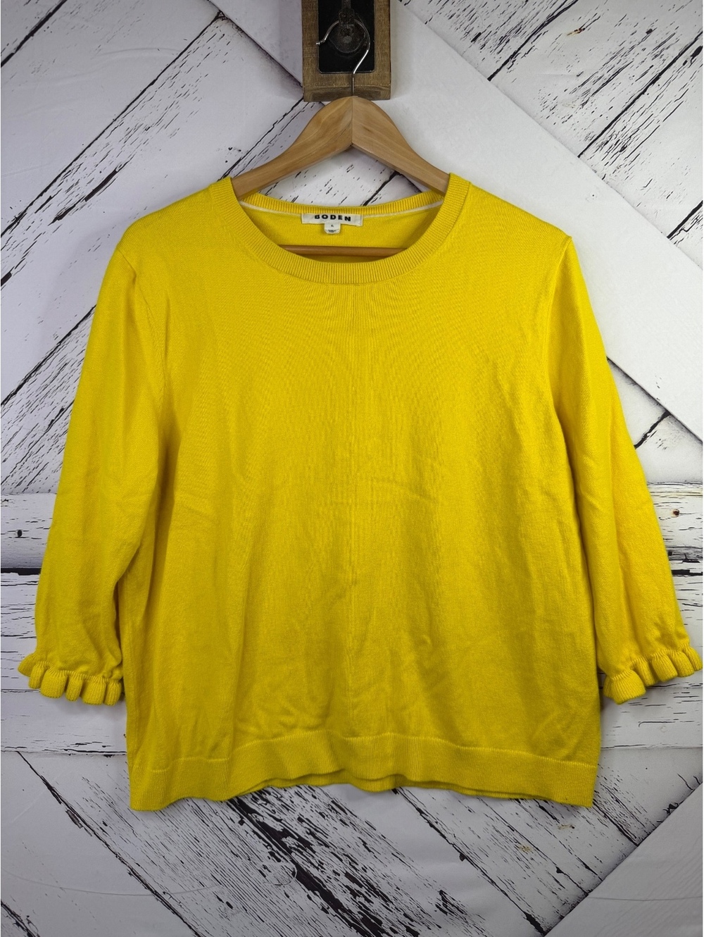 Boden Vibrant Yellow Crewneck Knit Sweater Ruffle Cuff Long Sleeve Top Women XL